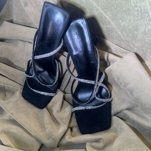 Strappy Rhinestone Black Heeled Sandals